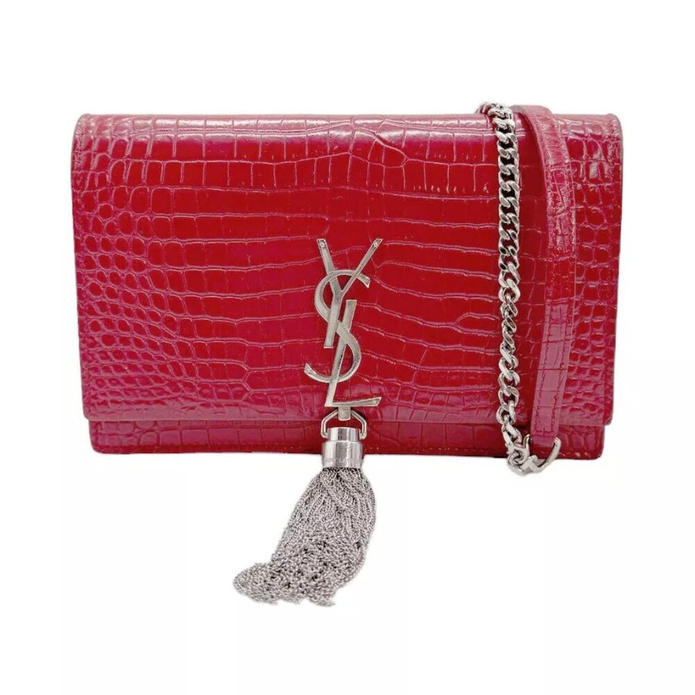 SAINT LAURENT Crossbody Chain Wallet Bag Red/Silver Embossed Leather